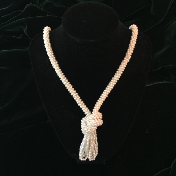 VINTAGE Faux Pearl Long woven rope Lariat necklace - Picture 3 of 4